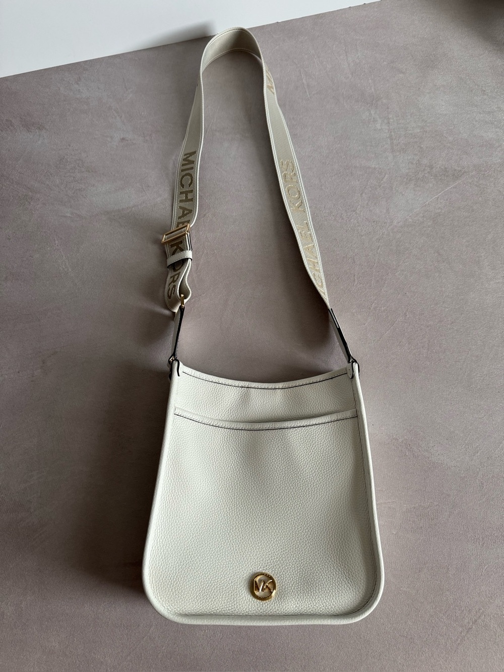 Michael Kors Optic White Pebbled Leather Crossbody with Logo Strap